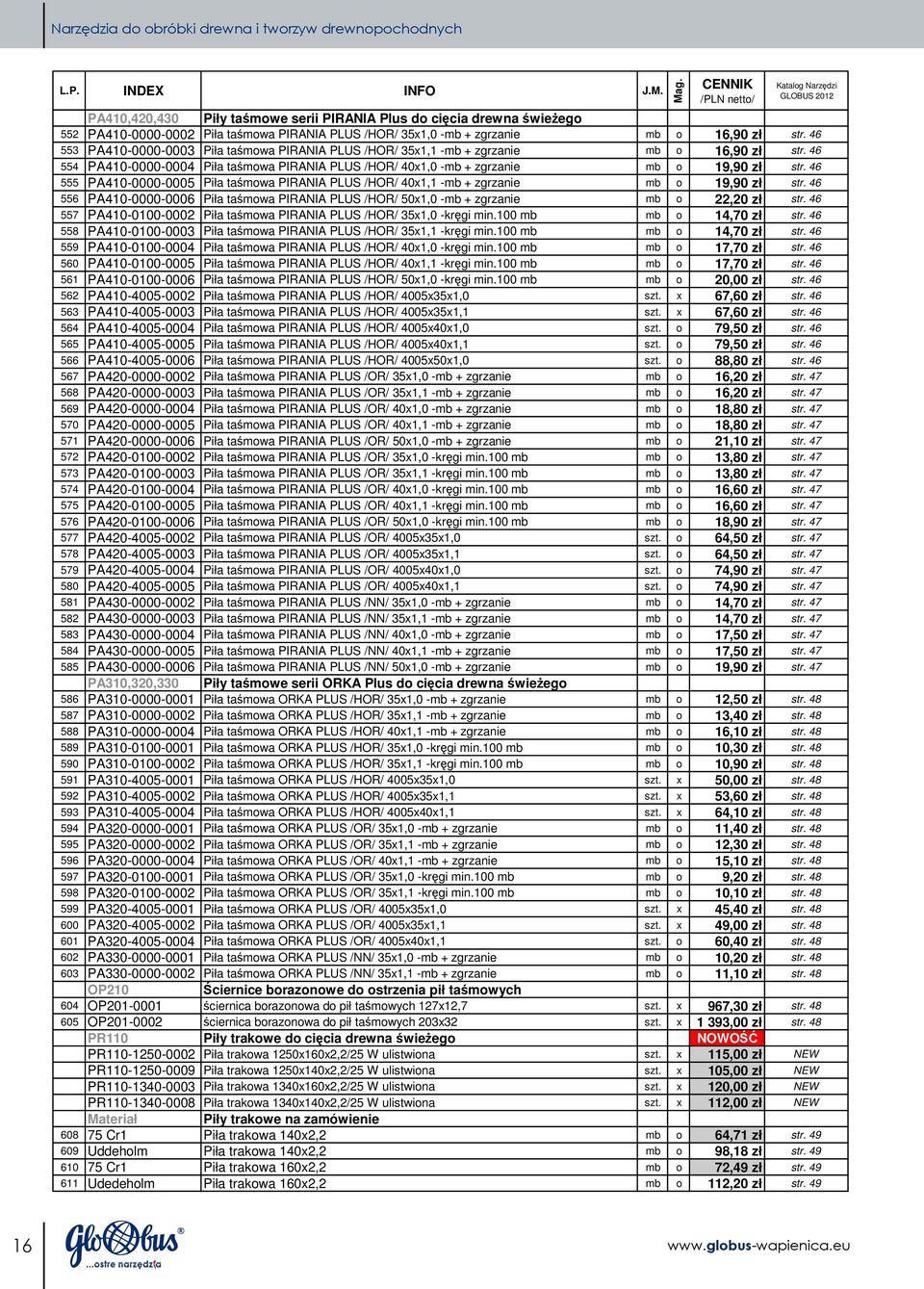 46 554 PA410-0000-0004 Piła ta mowa PIRANIA PLUS /HOR/ 40x1,0 -mb + zgrzanie mb o 19,90 zł str. 46 555 PA410-0000-0005 Piła ta mowa PIRANIA PLUS /HOR/ 40x1,1 -mb + zgrzanie mb o 19,90 zł str.