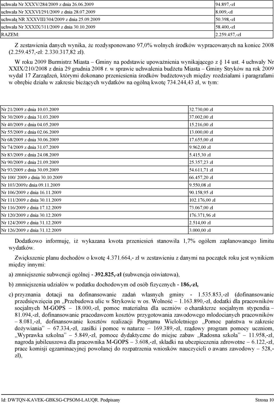 W roku 2009 Burmistrz Miasta Gminy na podstawie upoważnienia wynikającego z 14 ust. 4 uchwały Nr XXIX/210/2008 z dnia 29 grudnia 2008 r.