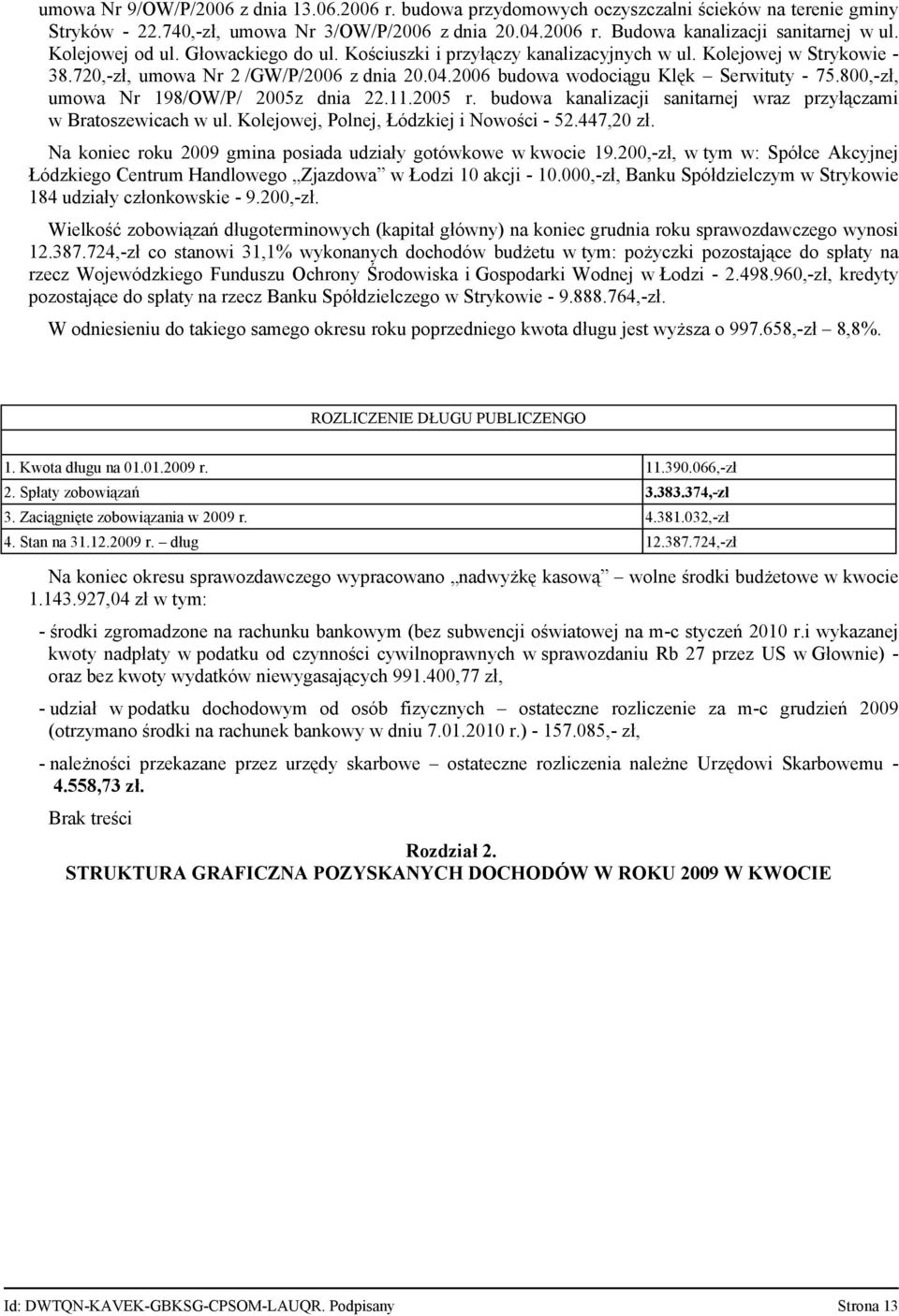 800,-zł, umowa Nr 198/OW/P/ 2005z dnia 22.11.2005 r. budowa kanalizacji sanitarnej wraz przyłączami w Bratoszewicach w ul. Kolejowej, Polnej, Łódzkiej i Nowości - 52.447,20 zł.