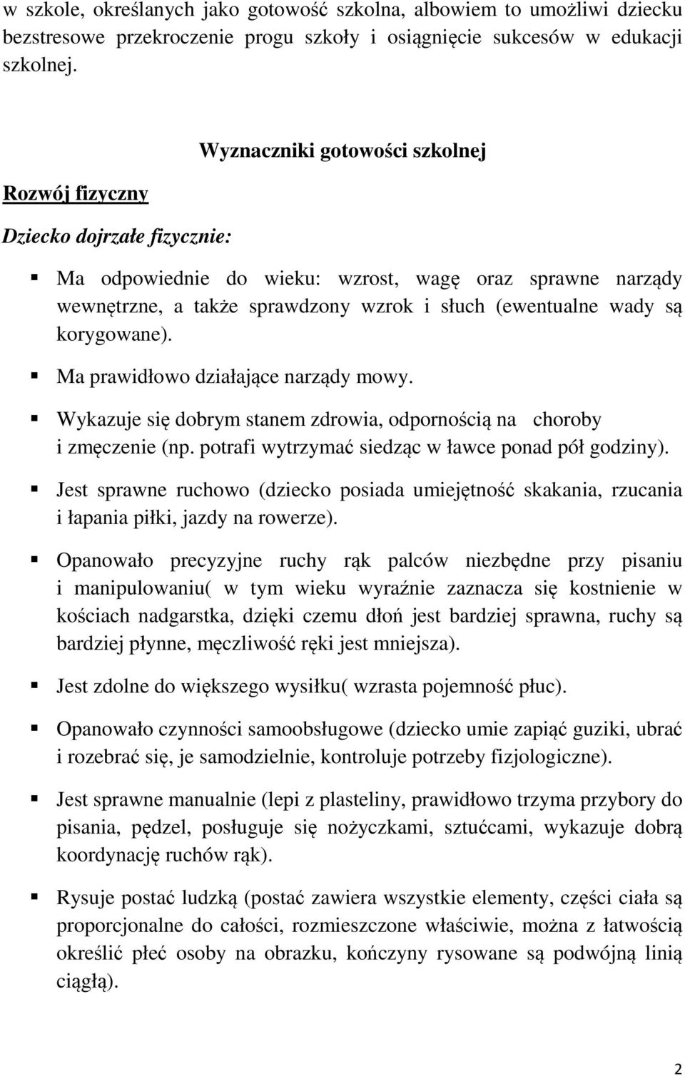 korygowane). Ma prawidłowo działające narządy mowy. Wykazuje się dobrym stanem zdrowia, odpornością na choroby i zmęczenie (np. potrafi wytrzymać siedząc w ławce ponad pół godziny).