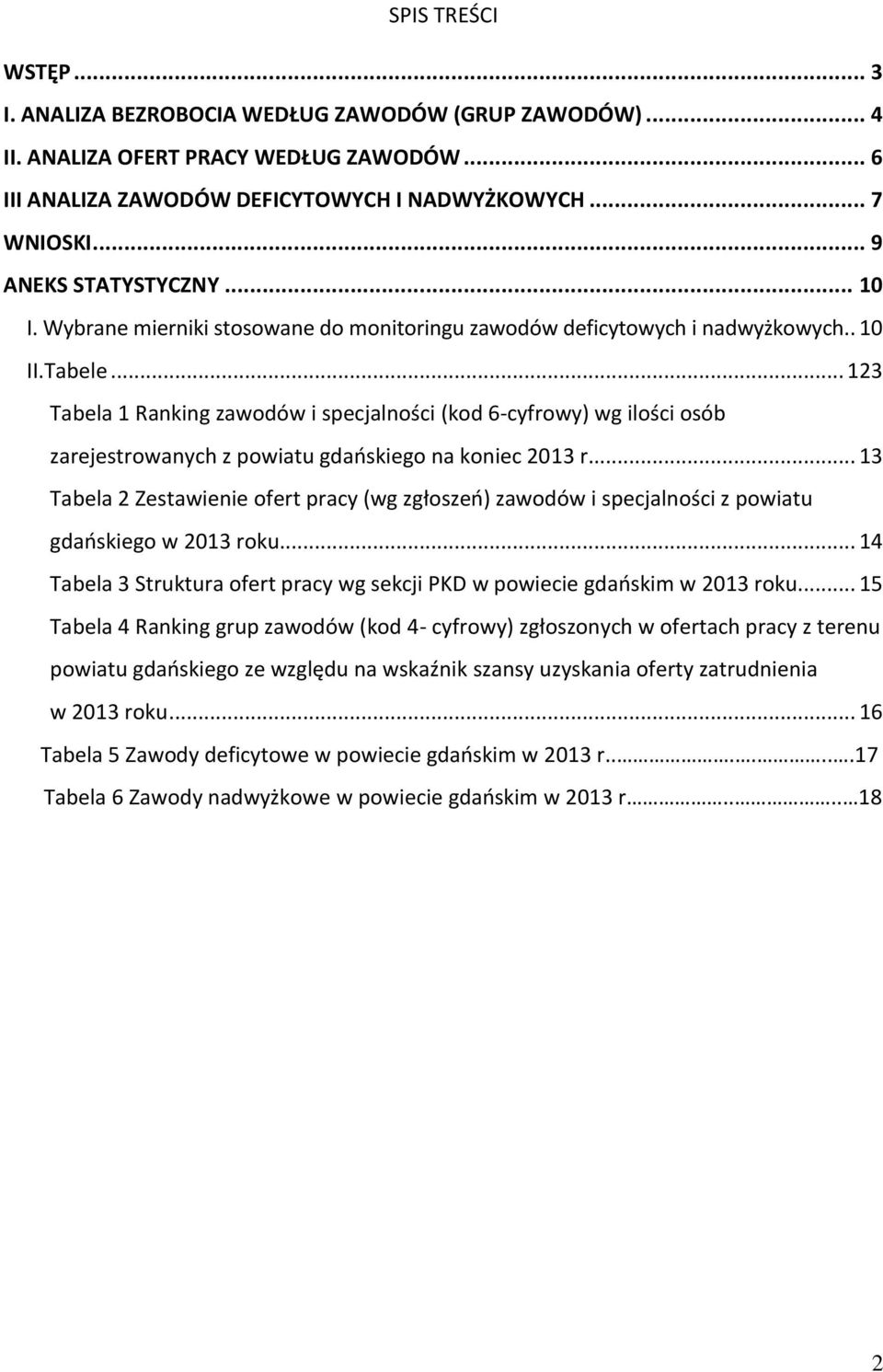.. 123 Tabela 1 Raning zawodów i specjalności (od 6-cyfrowy) wg ilości osób zarejestrowanych z powiatu gdańsiego na oniec 2013 r.
