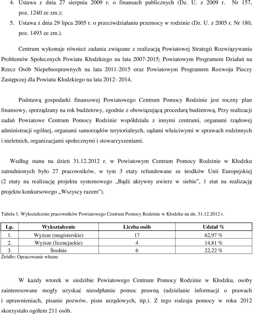 Centrum wykonuje również zadania związane z realizacją Powiatowej Strategii Rozwiązywania Problemów Społecznych Powiatu Kłodzkiego na lata 2007-2015; Powiatowym Programem Działań na Rzecz Osób