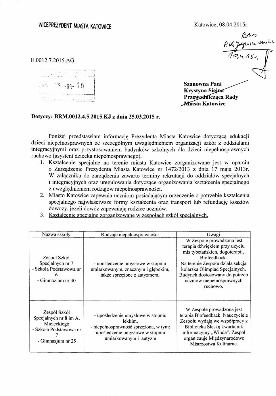 Poniżej przedstawiam informację Prezydenta Miasta Katowice dotyczącą edukacji dzieci niepełnosprawnych ze szczególnym uwzględnieniem organizacji szkół z oddziałami integracyjnymi oraz przystosowaniem