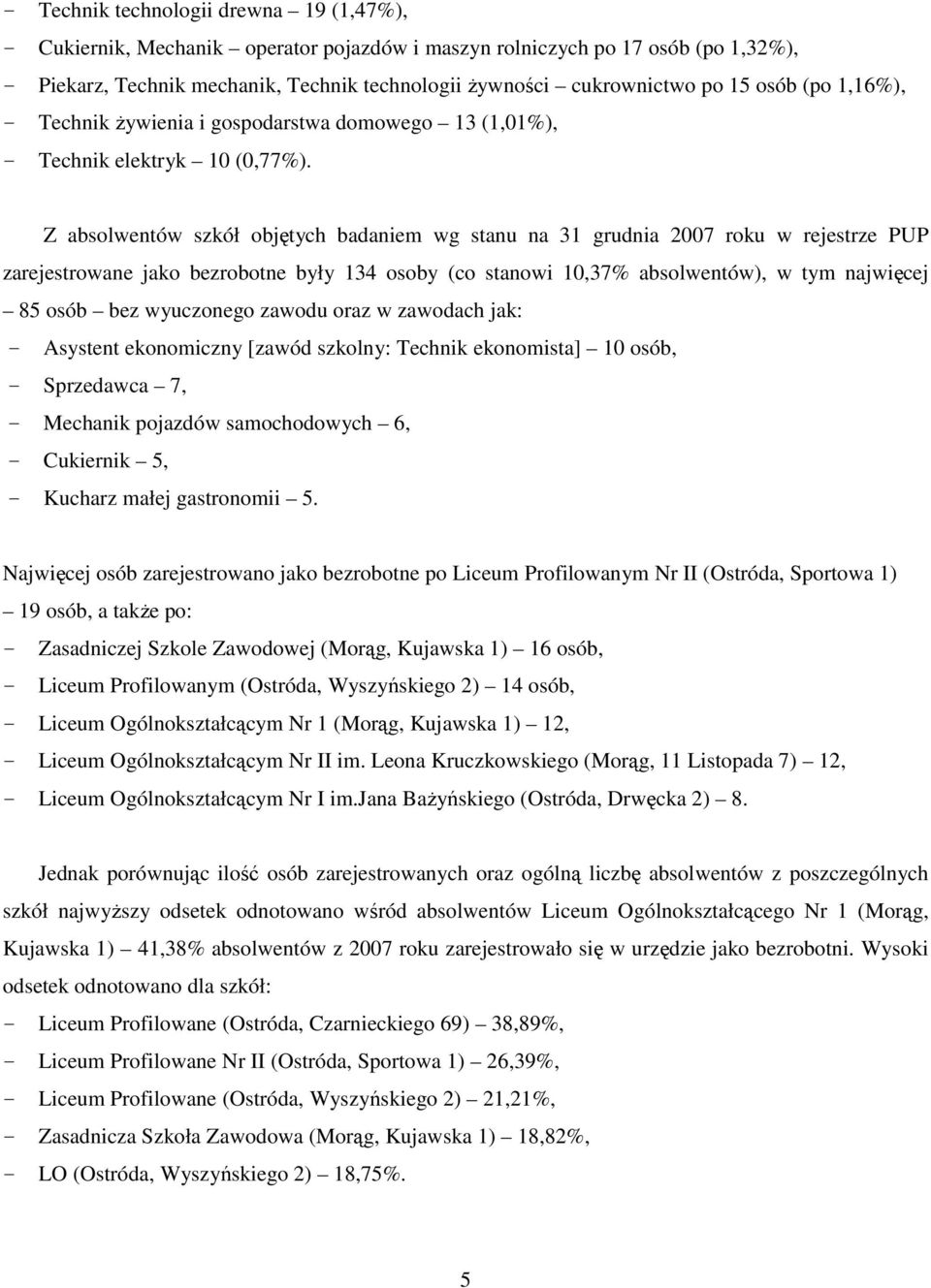 Z absolwentów szkół objętych badaniem wg stanu na 31 grudnia 2007 roku w rejestrze PUP zarejestrowane jako bezrobotne były 134 osoby (co stanowi 10,37% absolwentów), w tym najwięcej 85 osób bez