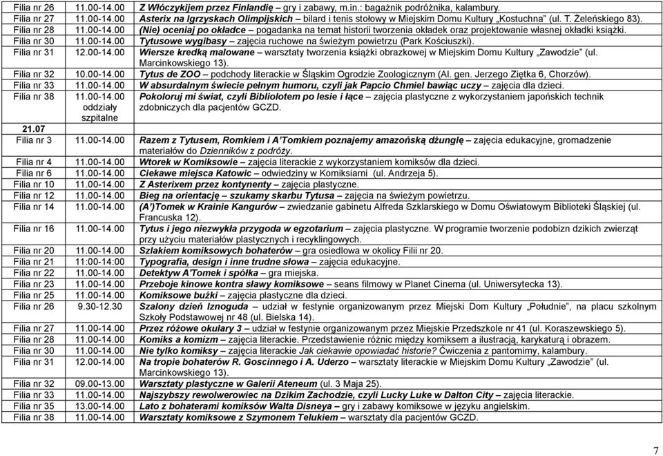 Filia nr 31 12.00-14.00 Wiersze kredką malowane warsztaty tworzenia książki obrazkowej w Miejskim Domu Kultury Zawodzie (ul. Marcinkowskiego 13). Filia nr 32 10.00-14.00 Tytus de ZOO podchody literackie w Śląskim Ogrodzie Zoologicznym (Al.