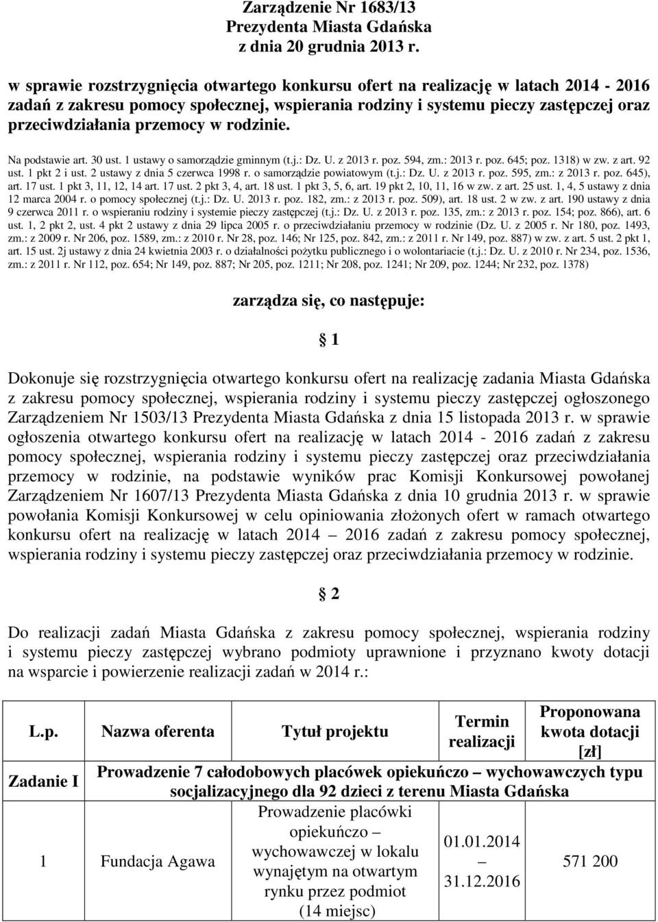 rodzinie. Na podstawie art. 30 ust. 1 ustawy o samorządzie gminnym (t.j.: Dz. U. z 2013 r. poz. 594, zm.: 2013 r. poz. 645; poz. 1318) w zw. z art. 92 ust. 1 pkt 2 i ust.