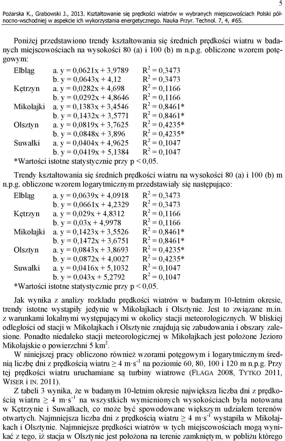 wysokości 80 (a) i 100 (b) m n.p.g. obliczone wzorem potęgowym: Elbląg a. y = 0,0621x + 3,9789 R 2 = 0,3473 b. y = 0,0643x + 4,12 R 2 = 0,3473 Kętrzyn a. y = 0,0282x + 4,698 R 2 = 0,1166 b.