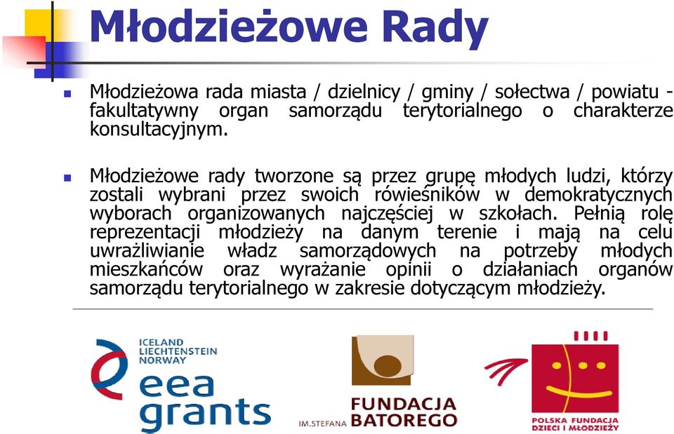 Młodzieżowe rady tworzone są przez grupę młodych ludzi, którzy zostali wybrani przez swoich rówieśników w demokratycznych wyborach