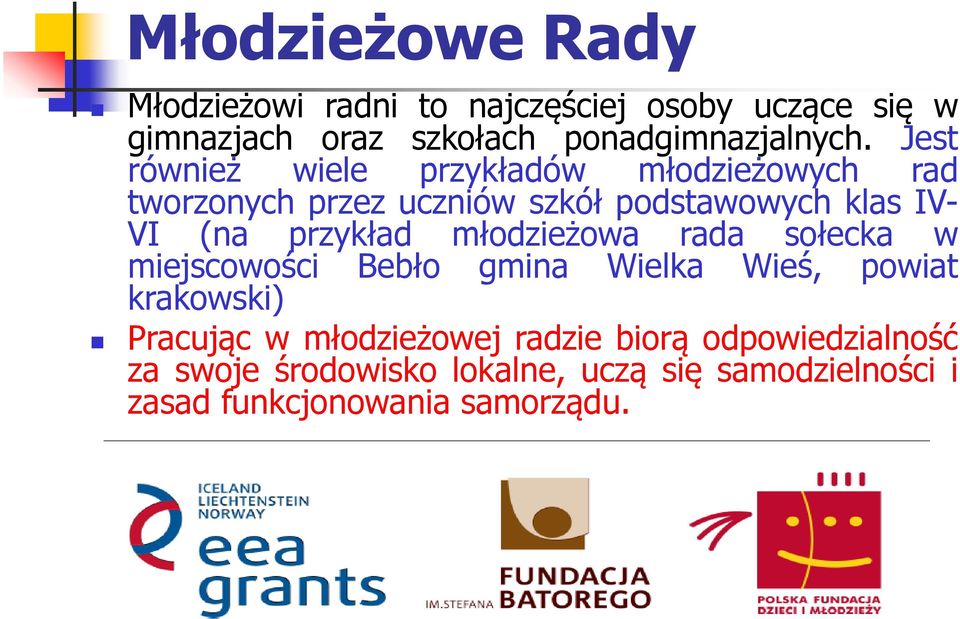 przykład młodzieżowa rada sołecka w miejscowości Bebło gmina Wielka Wieś, powiat krakowski) Pracując w