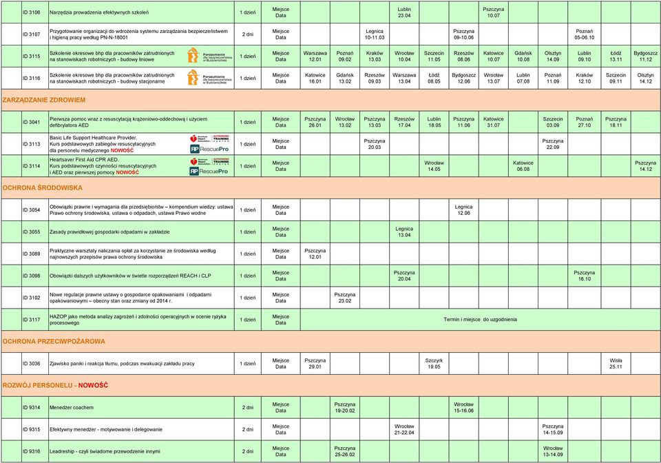 11 Bydgoszcz ID 3116 Szkolenie okresowe bhp dla pracowników zatrudnionych na stanowiskach robotniczych - budowy stacjonarne 16.01 09.03 13.04 Łódź 08.05 Bydgoszcz 13.07 07.08 11.09 12.10 09.