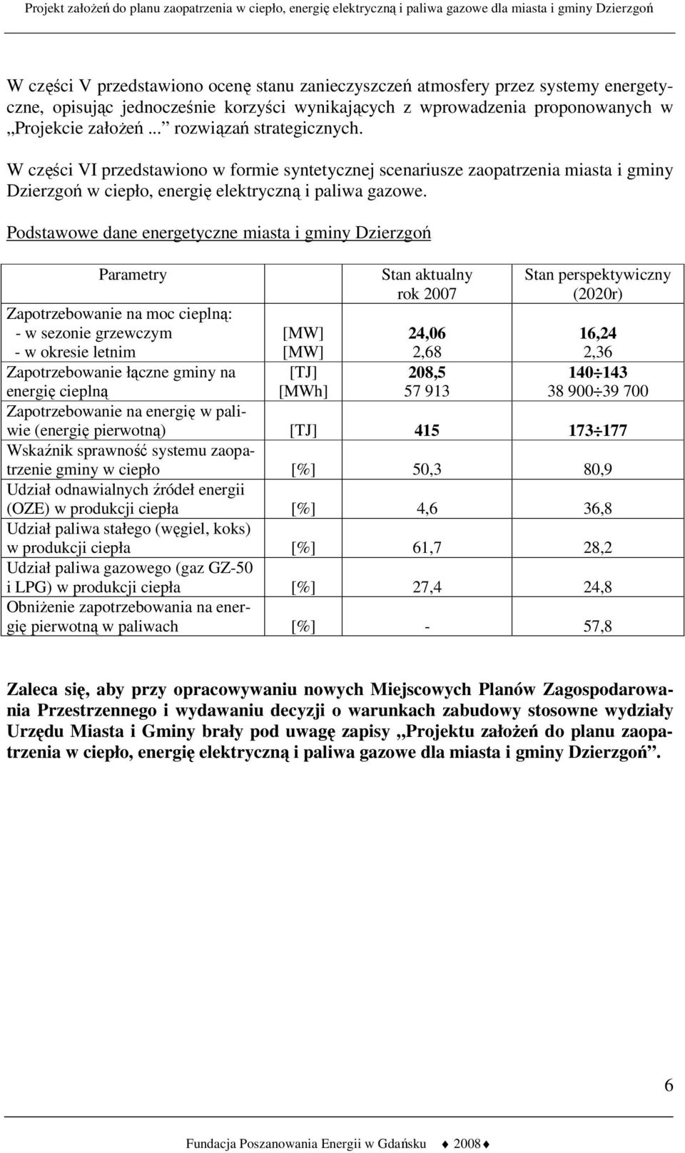 Podstawowe dane energetyczne miasta i gminy Dzierzgoń Parametry Zapotrzebowanie na moc cieplną: - w sezonie grzewczym - w okresie letnim Zapotrzebowanie łączne gminy na [MW] [MW] [TJ] [MWh] Stan