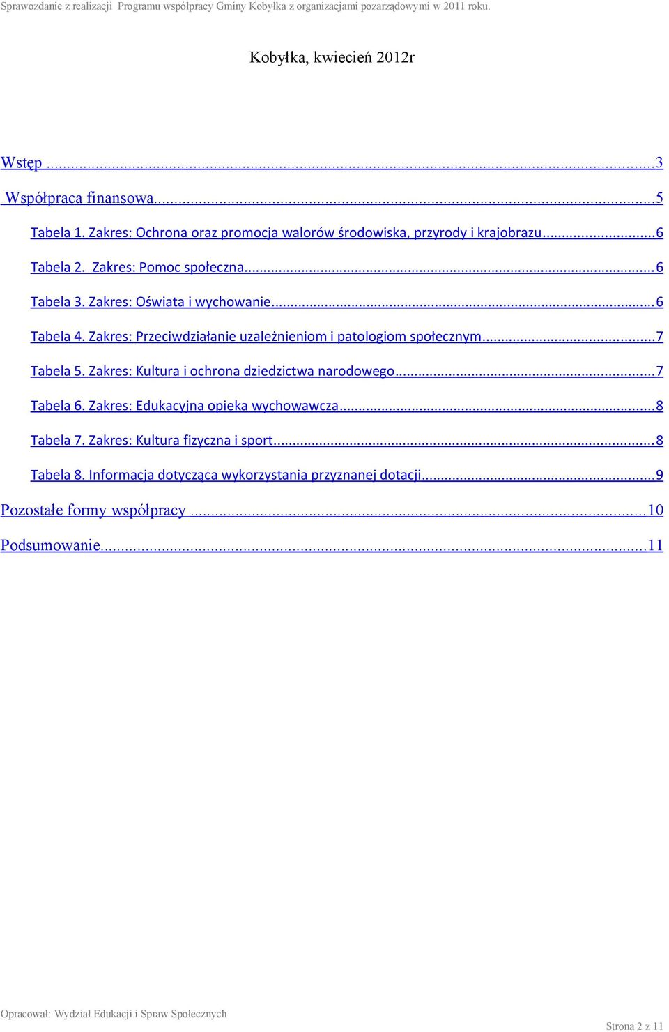 Zakres: Przeciwdziałanie uzależnieniom i patologiom społecznym... 7 Tabela 5. Zakres: Kultura i ochrona dziedzictwa narodowego... 7 Tabela 6.