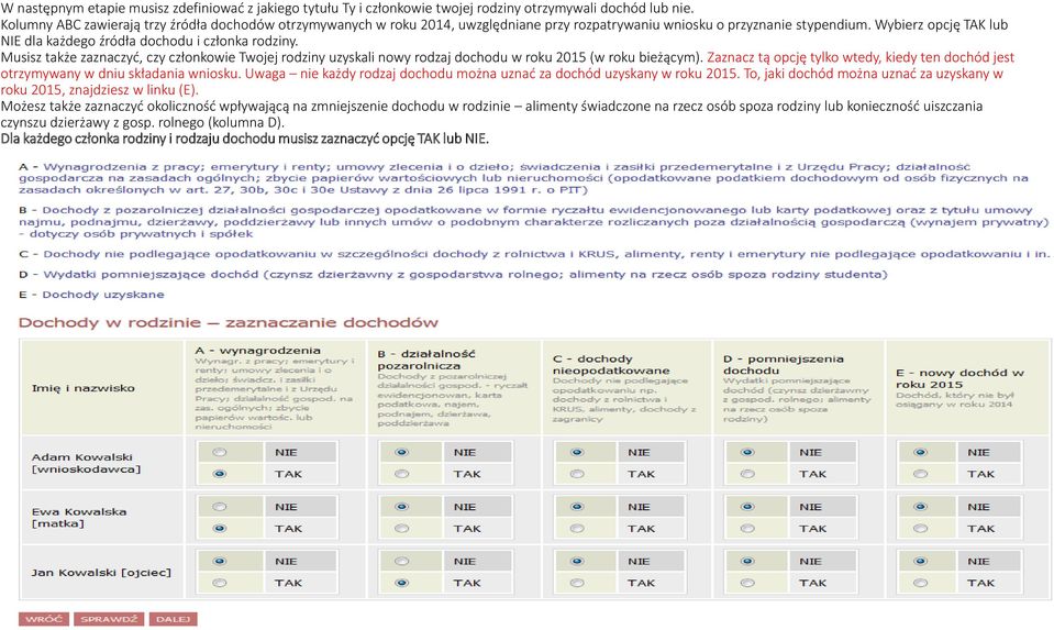 Wybierz opcję TAK lub NIE dla każdego źródła dochodu i członka rodziny. Musisz także zaznaczyć, czy członkowie Twojej rodziny uzyskali nowy rodzaj dochodu w roku 2015 (w roku bieżącym).