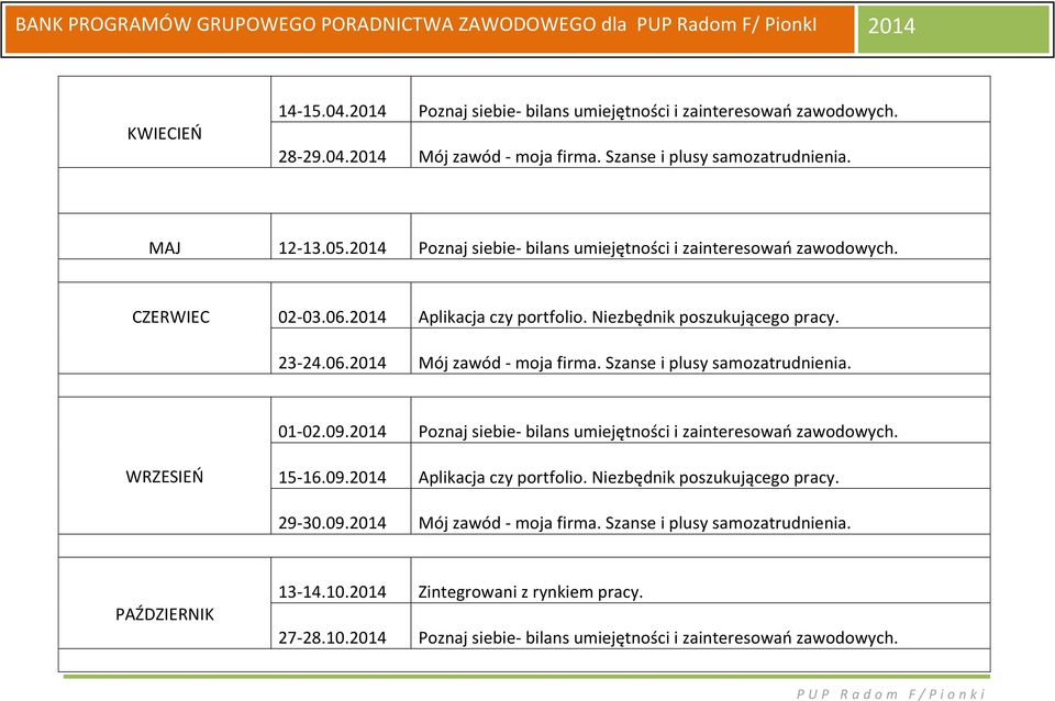 Szanse i plusy samozatrudnienia. 01-02.09.2014 Poznaj siebie- bilans umiejętności i zainteresowań zawodowych. WRZESIEŃ 15-16.09.2014 Aplikacja czy portfolio.