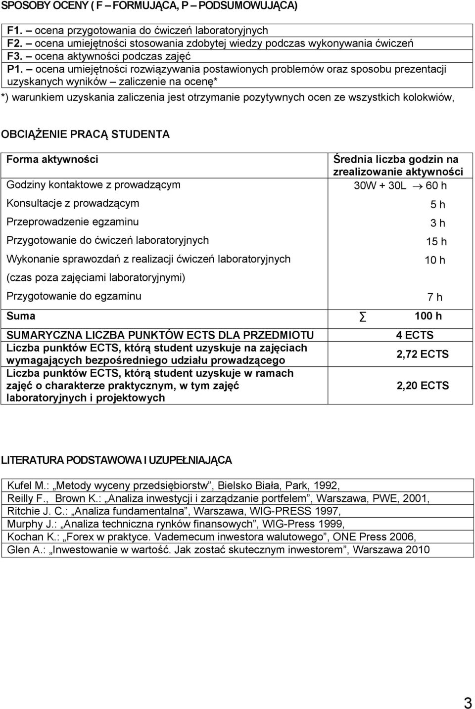 ocena umiejętności rozwiązywania postawionych problemów oraz sposobu prezentacji uzyskanych wyników zaliczenie na ocenę* *) warunkiem uzyskania zaliczenia jest otrzymanie pozytywnych ocen ze