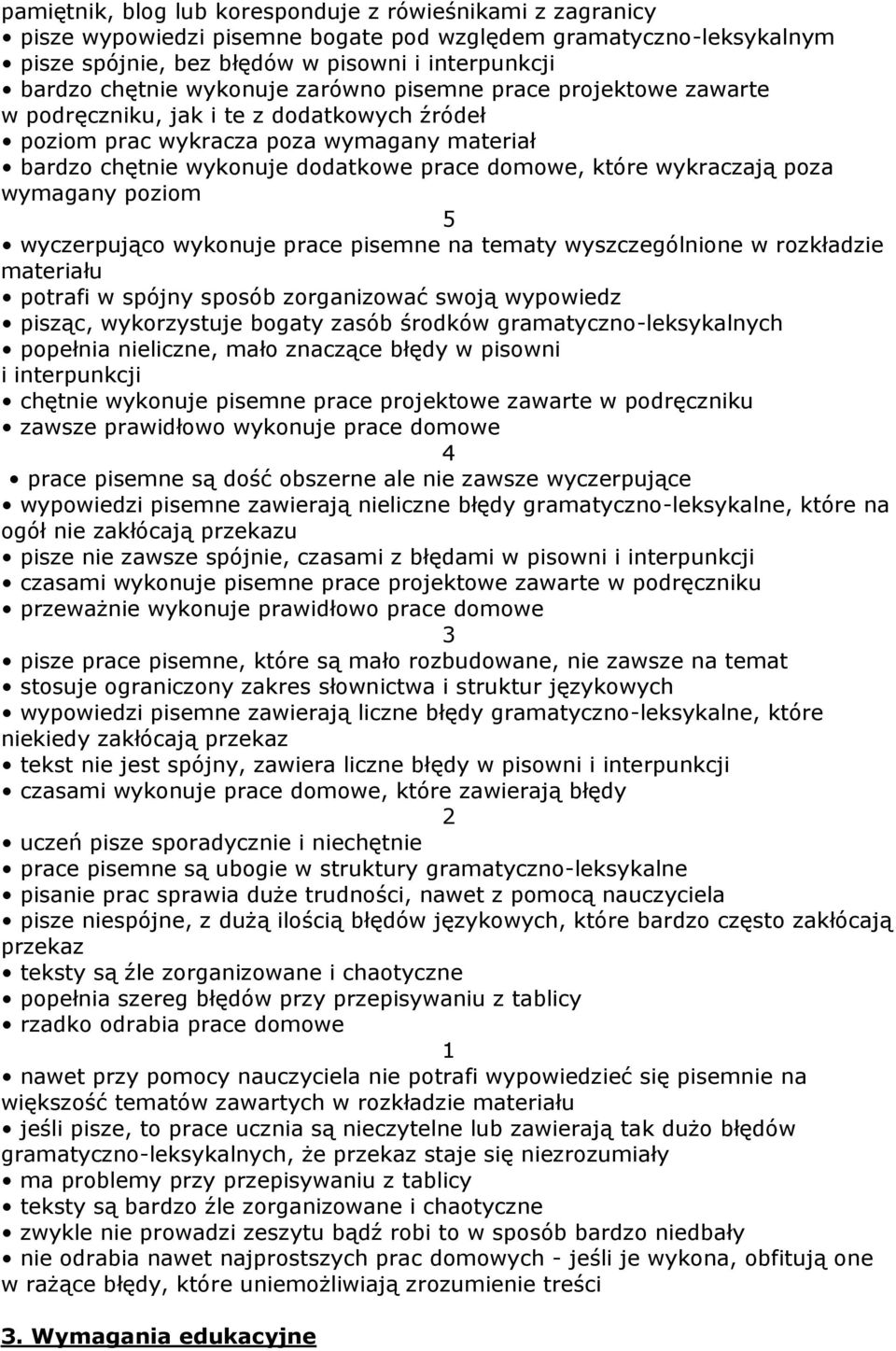 wykraczają poza wymagany poziom 5 wyczerpująco wykonuje prace pisemne na tematy wyszczególnione w rozkładzie materiału potrafi w spójny sposób zorganizować swoją wypowiedz pisząc, wykorzystuje bogaty