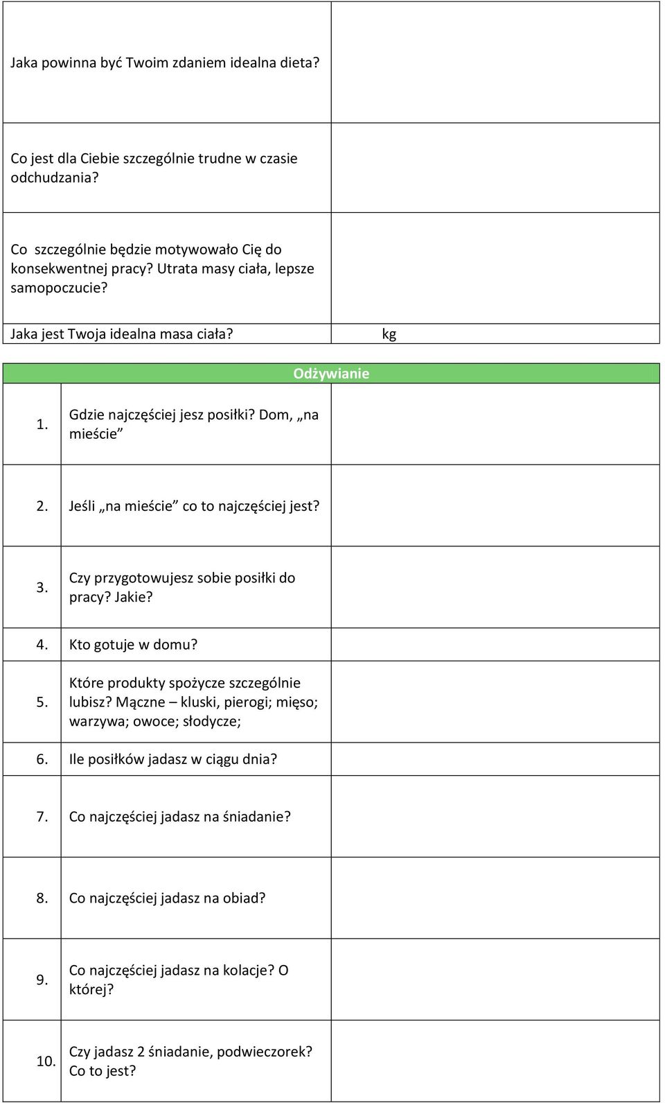 3. Czy przygotowujesz sobie posiłki do pracy? Jakie? 4. Kto gotuje w domu? 5. Które produkty spożycze szczególnie lubisz? Mączne kluski, pierogi; mięso; warzywa; owoce; słodycze; 6.