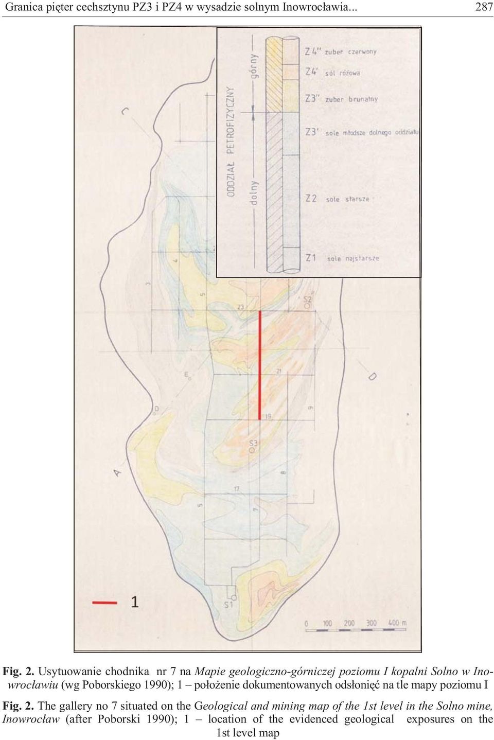 Usytuowanie chodnika nr 7 na Mapie geologiczno-górniczej poziomu I kopalni Solno w Inowroc³awiu (wg Poborskiego