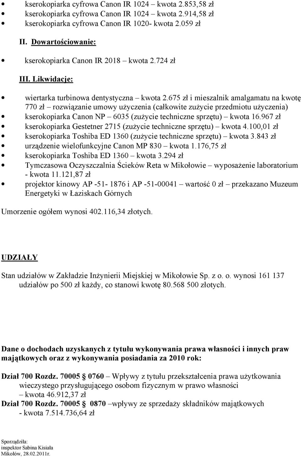 675 zł i mieszalnik amalgamatu na kwotę 770 zł rozwiązanie umowy uŝyczenia (całkowite zuŝycie przedmiotu uŝyczenia) kserokopiarka Canon NP 6035 (zuŝycie techniczne sprzętu) kwota 16.