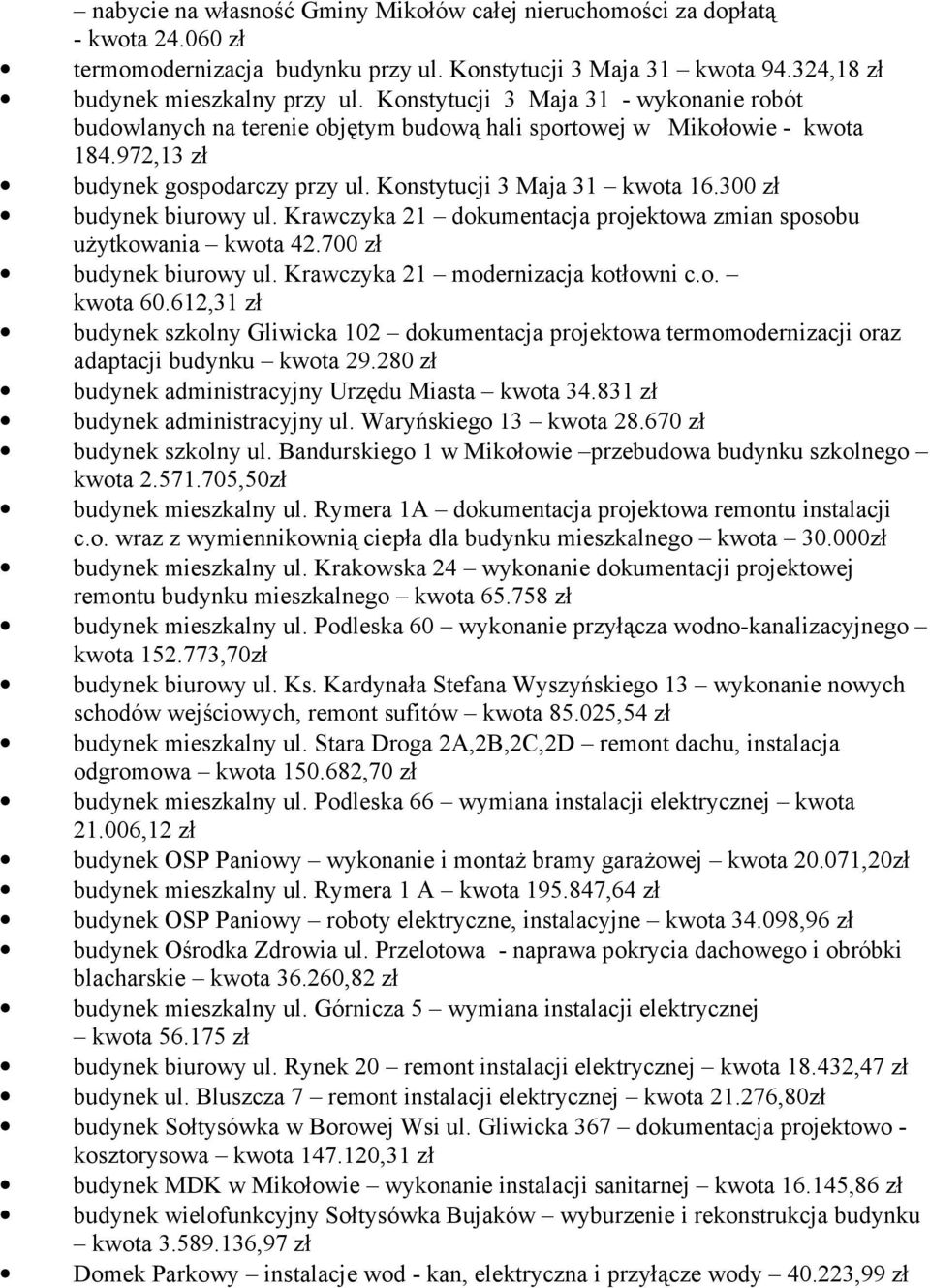 300 zł budynek biurowy ul. Krawczyka 21 dokumentacja projektowa zmian sposobu uŝytkowania kwota 42.700 zł budynek biurowy ul. Krawczyka 21 modernizacja kotłowni c.o. kwota 60.