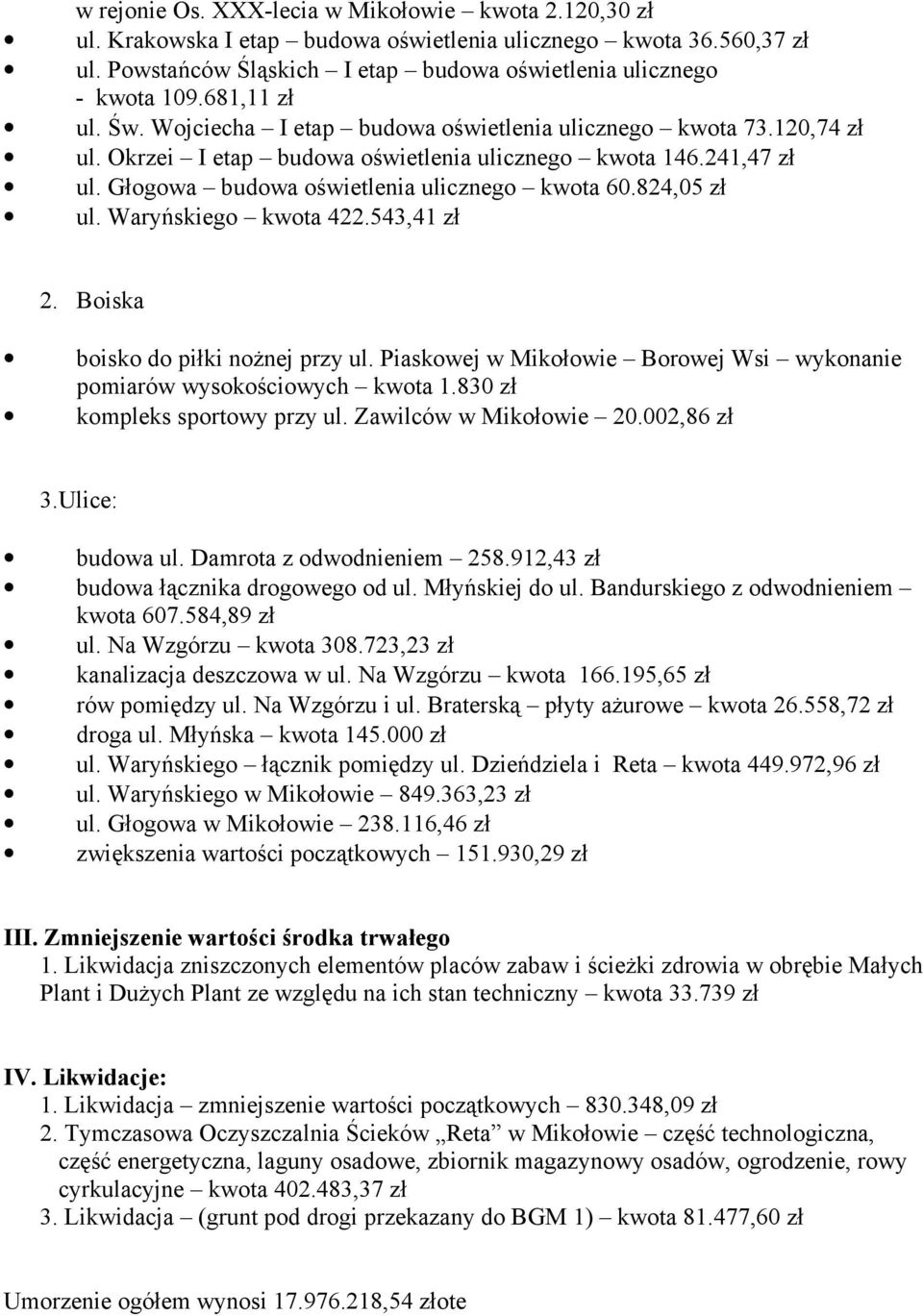 824,05 zł ul. Waryńskiego kwota 422.543,41 zł 2. Boiska boisko do piłki noŝnej przy ul. Piaskowej w Mikołowie Borowej Wsi wykonanie pomiarów wysokościowych kwota 1.830 zł kompleks sportowy przy ul.