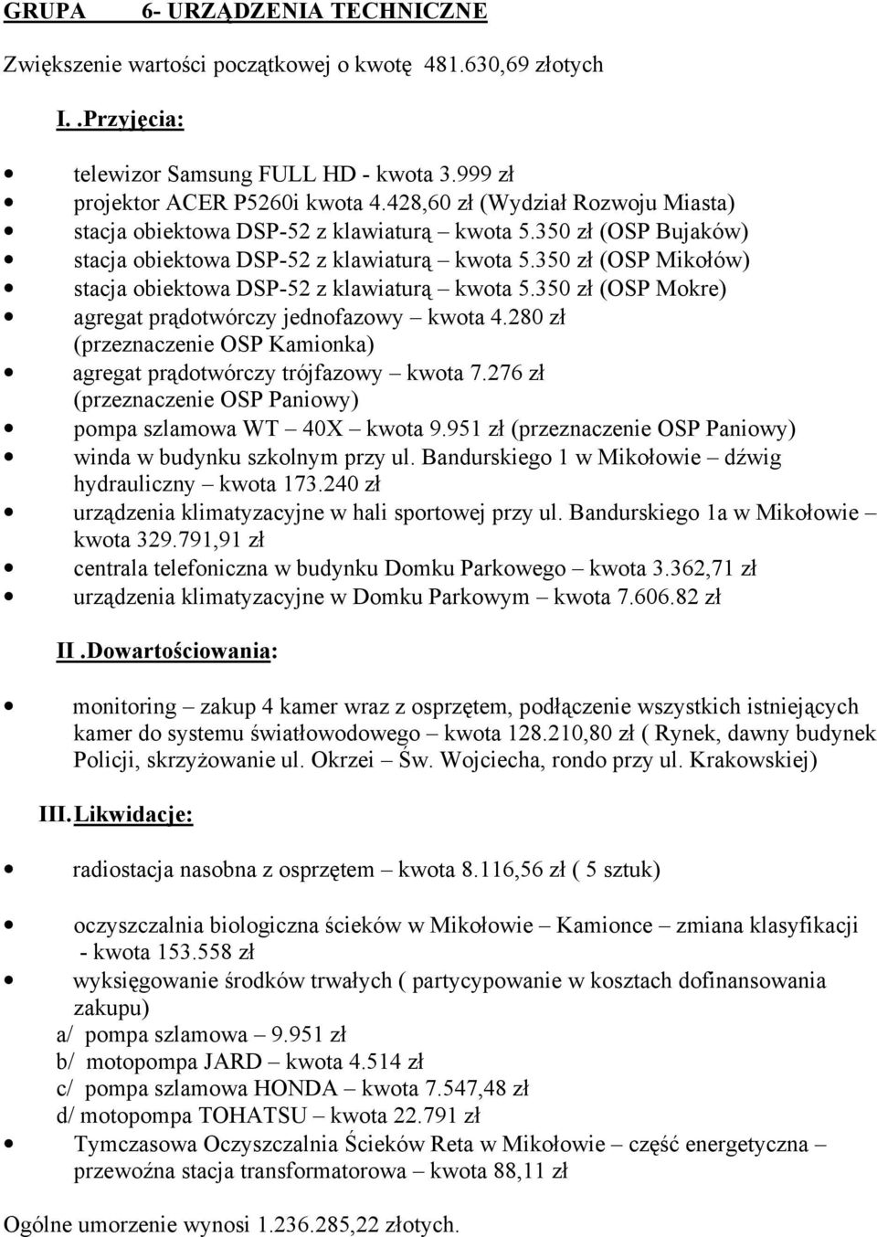 350 zł (OSP Mikołów) stacja obiektowa DSP-52 z klawiaturą kwota 5.350 zł (OSP Mokre) agregat prądotwórczy jednofazowy kwota 4.