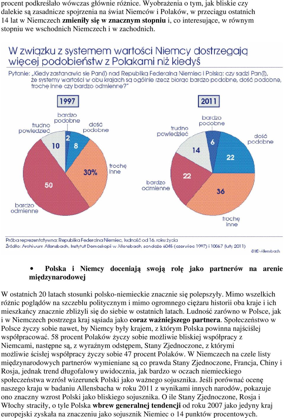 stopniu we wschodnich Niemczech i w zachodnich. Polska i Niemcy doceniają swoją rolę jako partnerów na arenie międzynarodowej W ostatnich 20 latach stosunki polsko-niemieckie znacznie się polepszyły.