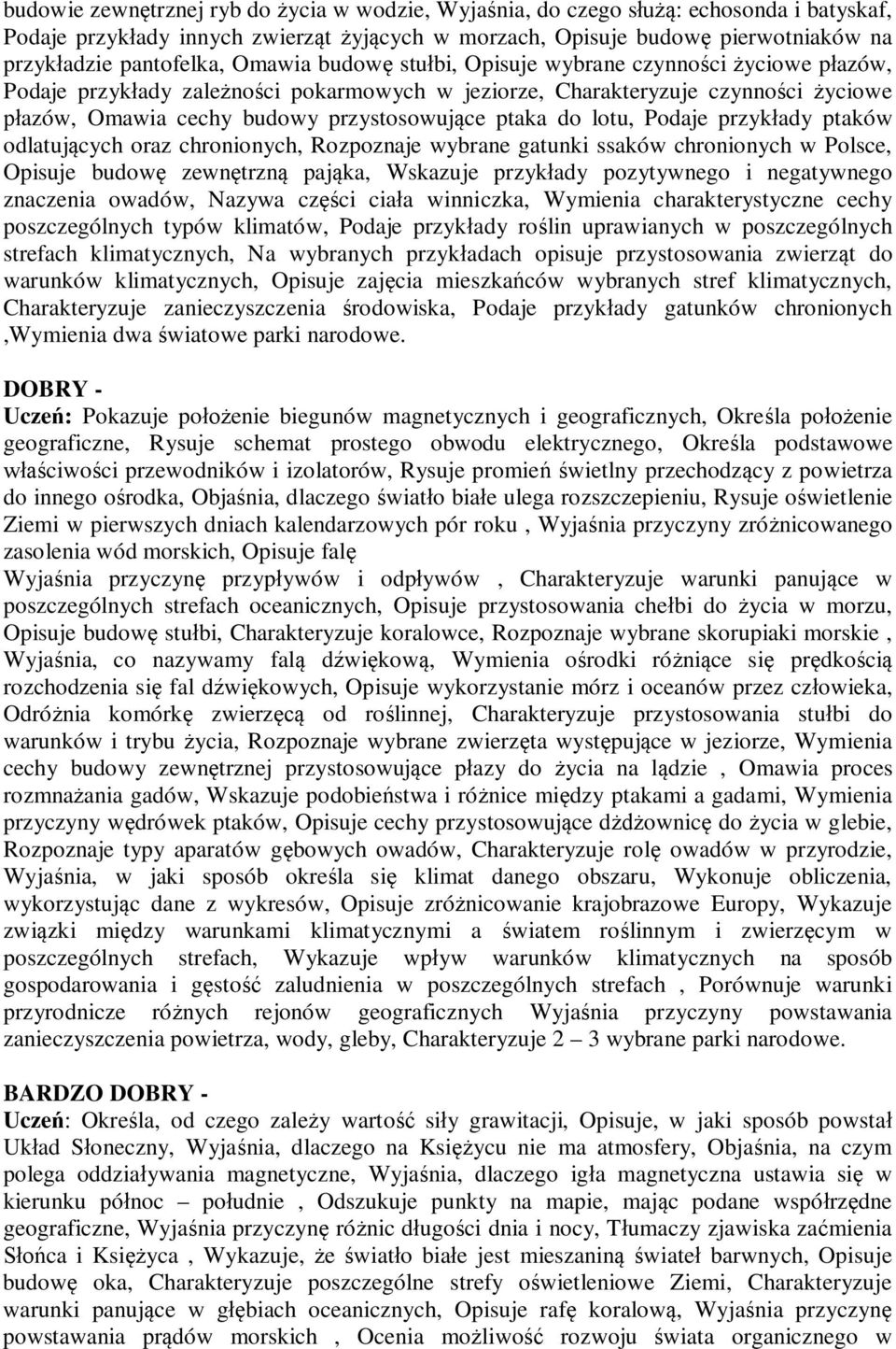 do lotu, Podaje przykłady ptaków odlatujących oraz chronionych, Rozpoznaje wybrane gatunki ssaków chronionych w Polsce, Opisuje budowę zewnętrzną pająka, Wskazuje przykłady pozytywnego i negatywnego