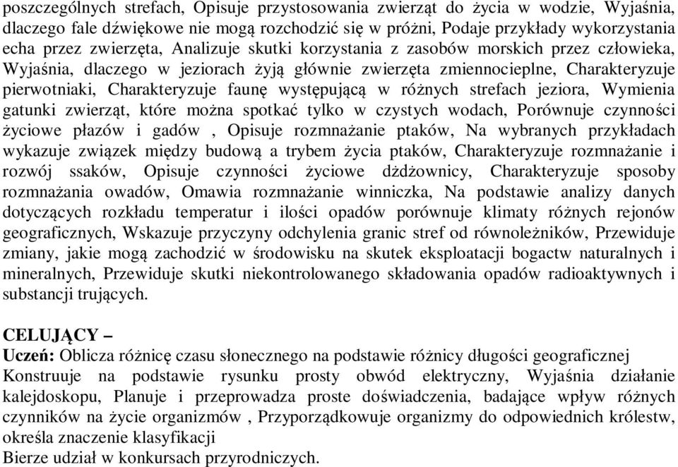 różnych strefach jeziora, Wymienia gatunki zwierząt, które można spotkać tylko w czystych wodach, Porównuje czynności życiowe płazów i gadów, Opisuje rozmnażanie ptaków, Na wybranych przykładach