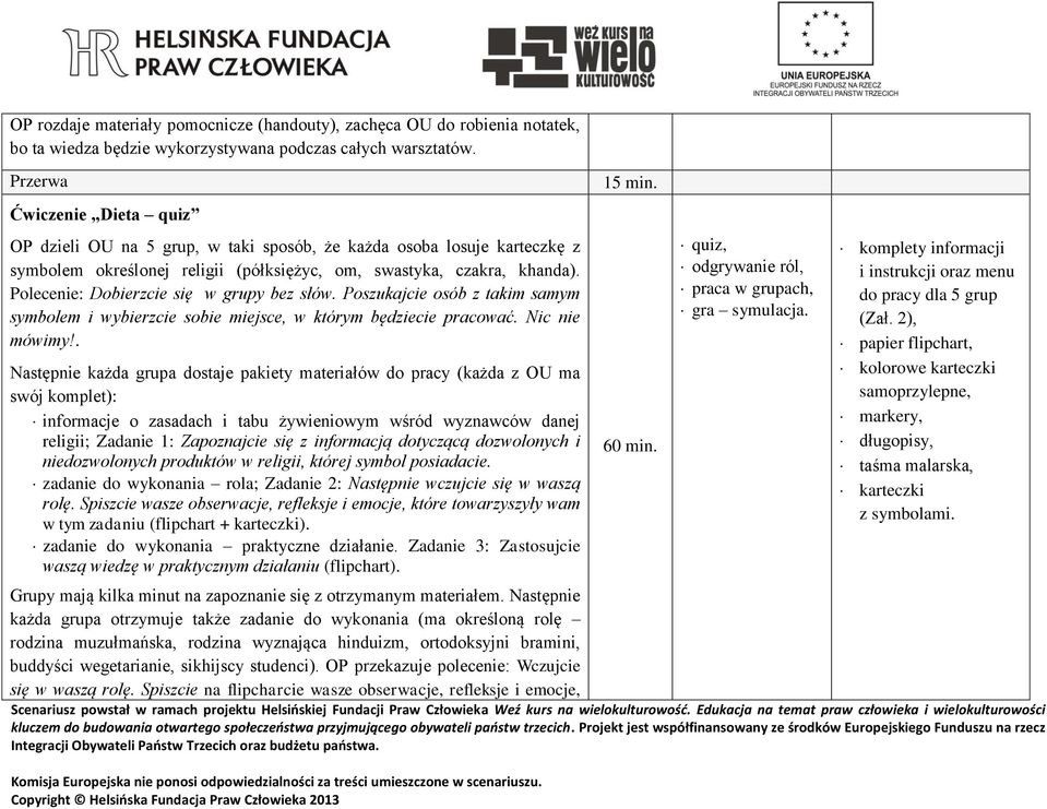 Polecenie: Dobierzcie się w grupy bez słów. Poszukajcie osób z takim samym symbolem i wybierzcie sobie miejsce, w którym będziecie pracować. Nic nie mówimy!