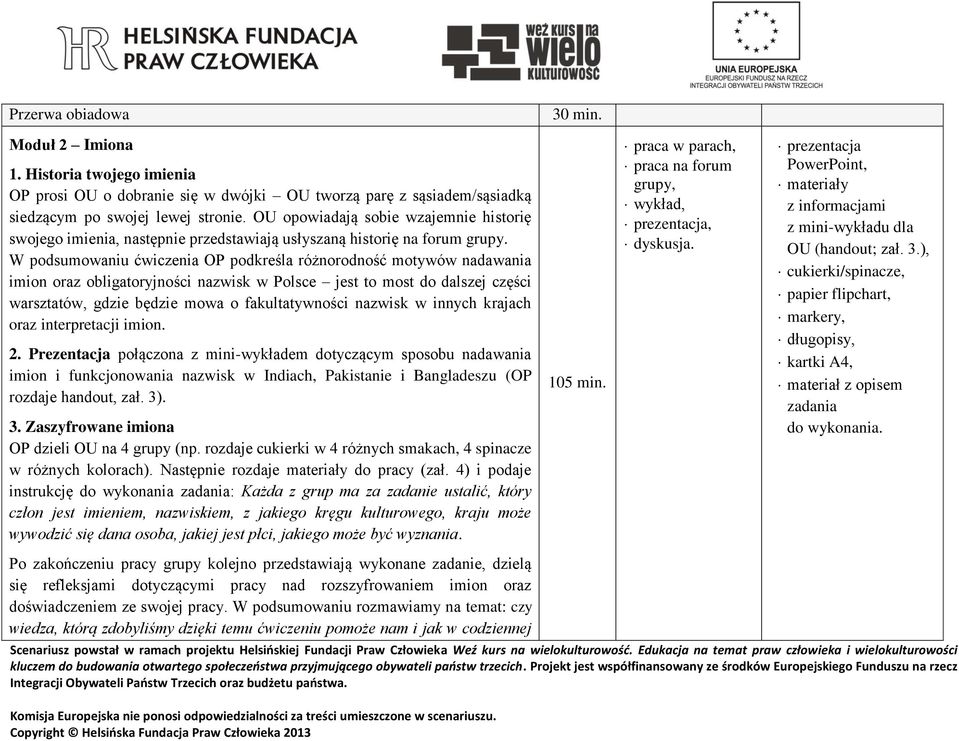 W podsumowaniu ćwiczenia OP podkreśla różnorodność motywów nadawania imion oraz obligatoryjności nazwisk w Polsce jest to most do dalszej części warsztatów, gdzie będzie mowa o fakultatywności