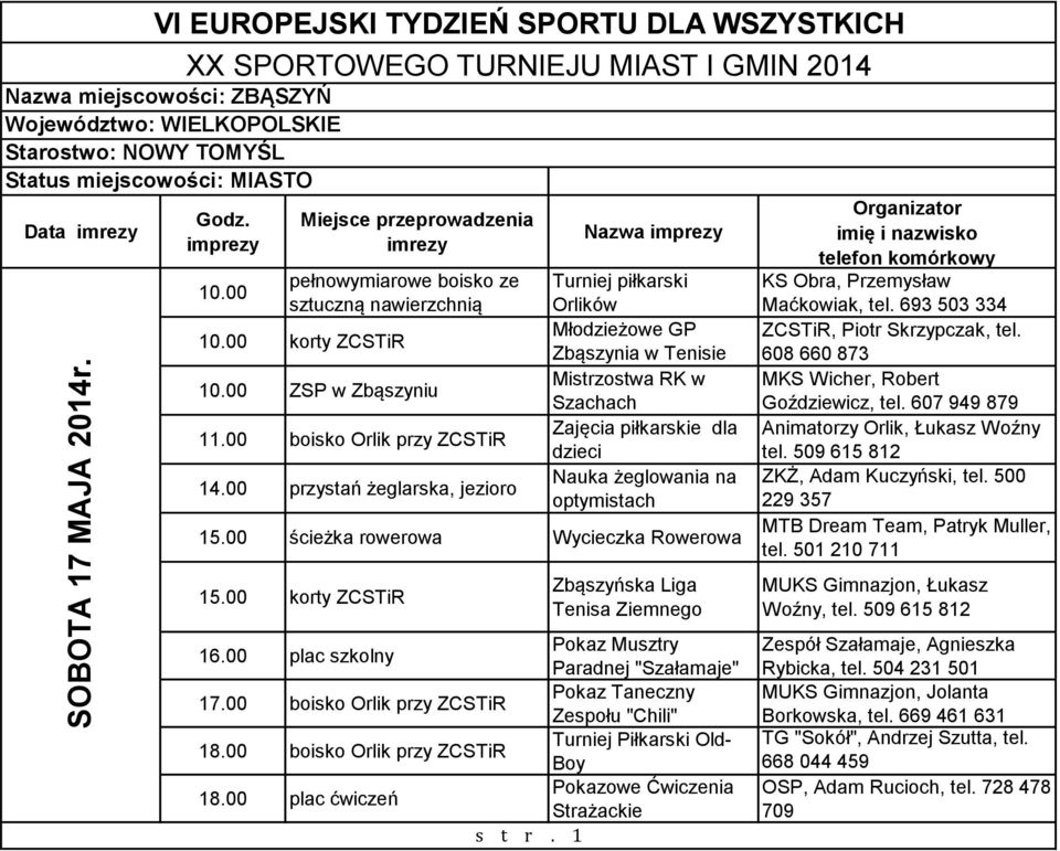 00 pełnowymiarowe boisko ze sztuczną nawierzchnią 10.00 korty ZCSTiR 10.00 ZSP w Zbąszyniu 11.00 boisko Orlik przy ZCSTiR 14.