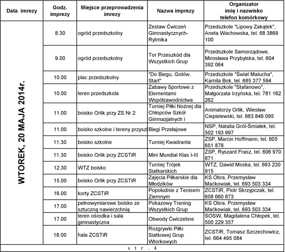 00 boisko Orlik przy ZS Nr 2 Chłopców Szkół Gimnazjalnych i 11.00 Ponadgimnazjalnych boisko szkolne i tereny przyszkolne Biegi Przełajowe 11.30 boisko szkolne Turniej Kwadranta 11.