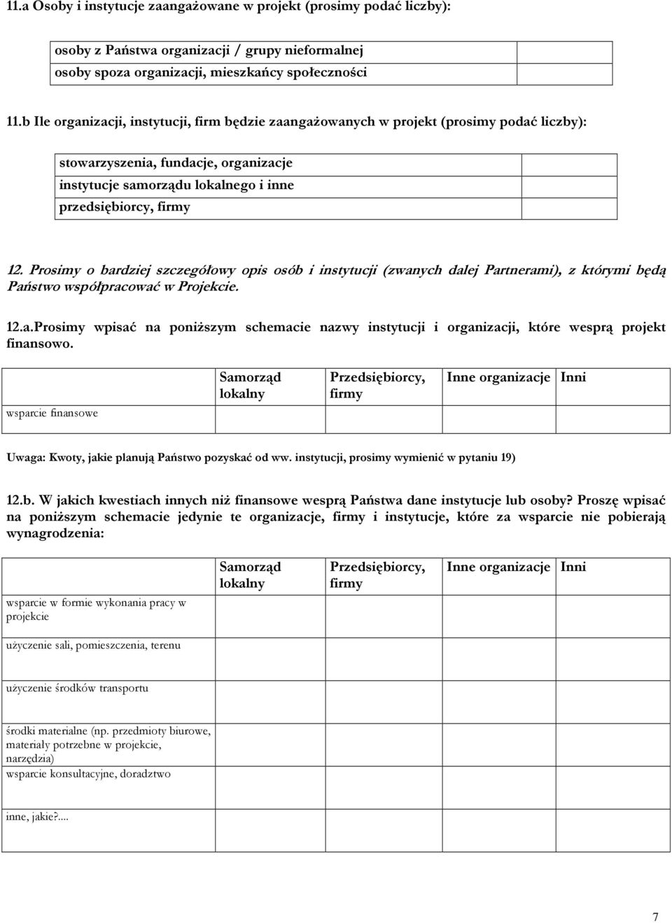 Prosimy o bardziej szczegółowy opis osób i instytucji (zwanych dalej Partnerami), z którymi będą Państwo współpracować w Projekcie. 12.a.Prosimy wpisać na poniŝszym schemacie nazwy instytucji i organizacji, które wesprą projekt finansowo.