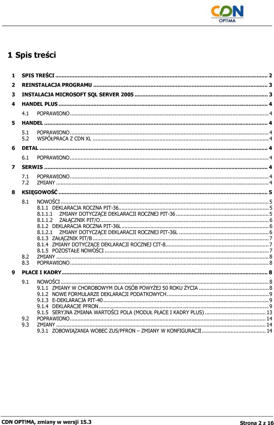 .. 5 8.1.1.2 ZAŁĄCZNIK PIT/O... 6 8.1.2 DEKLARACJA ROCZNA PIT-36L... 6 8.1.2.1 ZMIANY DOTYCZĄCE DEKLARACJI ROCZNEJ PIT-36L... 6 8.1.3 ZAŁĄCZNIK PIT/B...7 8.1.4 ZMIANY DOTYCZĄCE DEKLARACJI ROCZNEJ CIT-8.