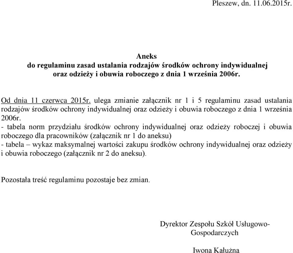 ulega zmianie załącznik nr 1 i 5 regulaminu zasad ustalania rodzajów środków ochrony indywidualnej oraz odzieży i obuwia roboczego z dnia 1 września 2006r.