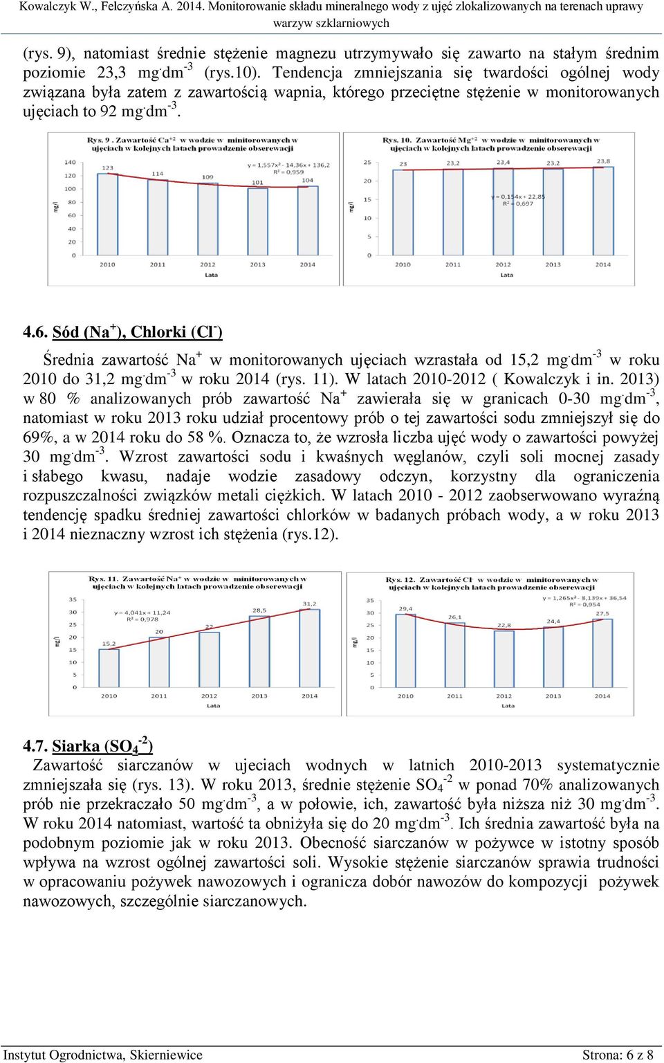 Sód (Na + ), Chlorki (Cl - ) Średnia zawartość Na + w monitorowanych ujęciach wzrastała od 15,2 mg. dm -3 w roku 2010 do 31,2 mg. dm -3 w roku 2014 (rys. 11). W latach 2010-2012 ( Kowalczyk i in.