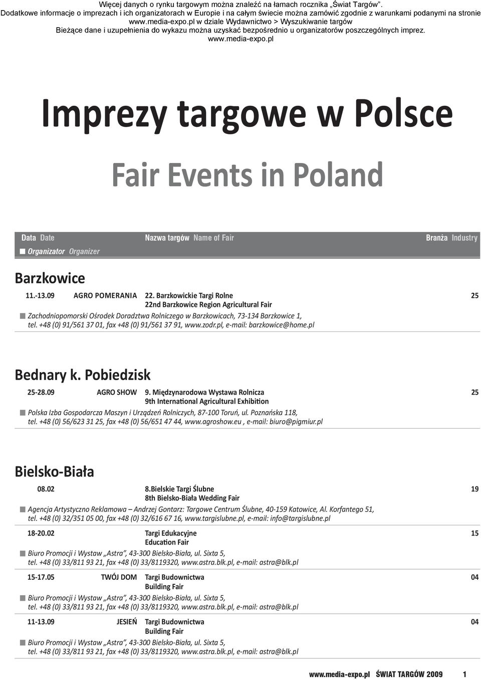 pl Nazwa targów Name w dziale of Fair Wydawnictwo > Wyszukiwanie targów Branża Industry Bieżące dane i uzupełnienia do wykazu można uzyskać bezpośrednio u organizatorów poszczególnych imprez. www.
