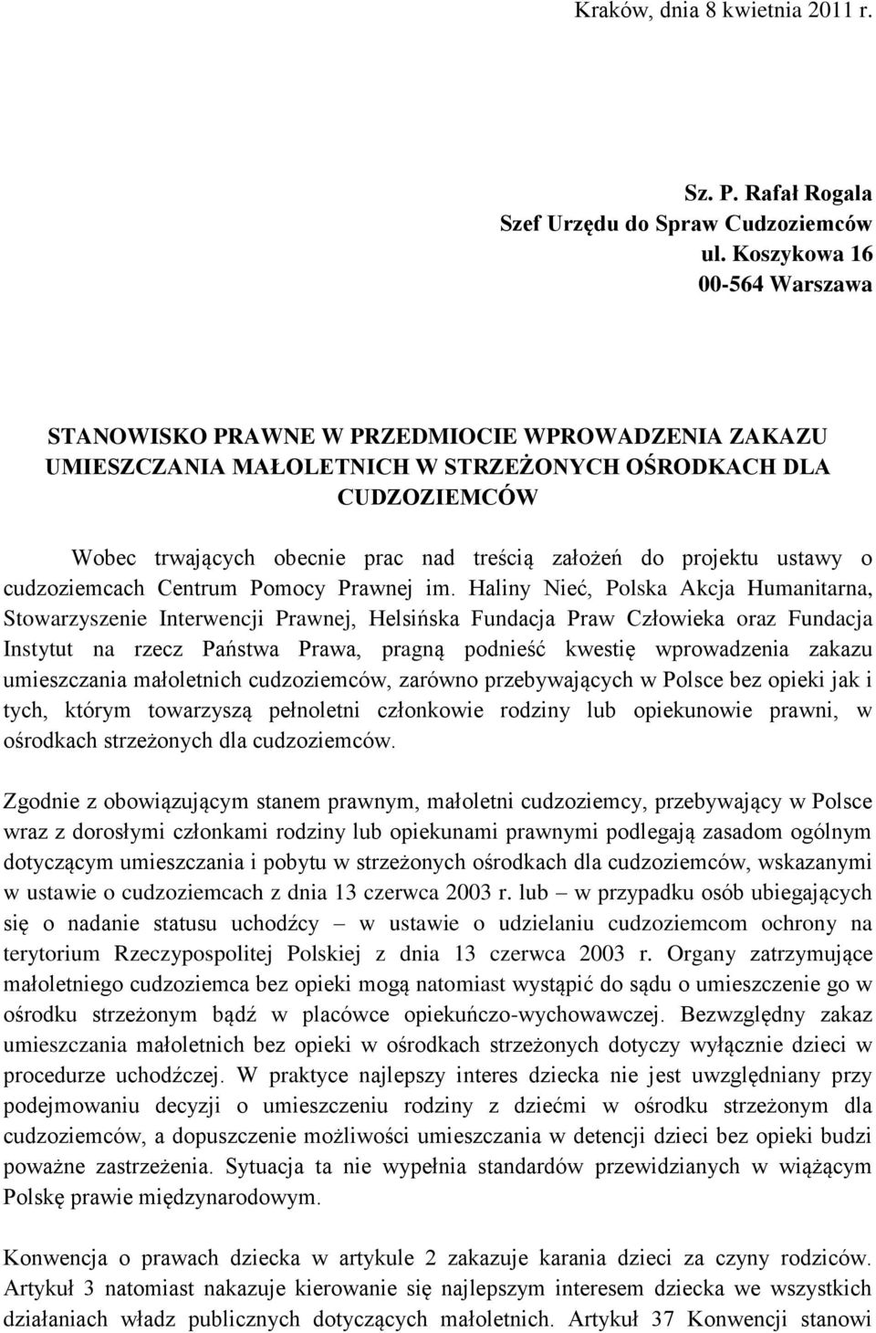 projektu ustawy o cudzoziemcach Centrum Pomocy Prawnej im.