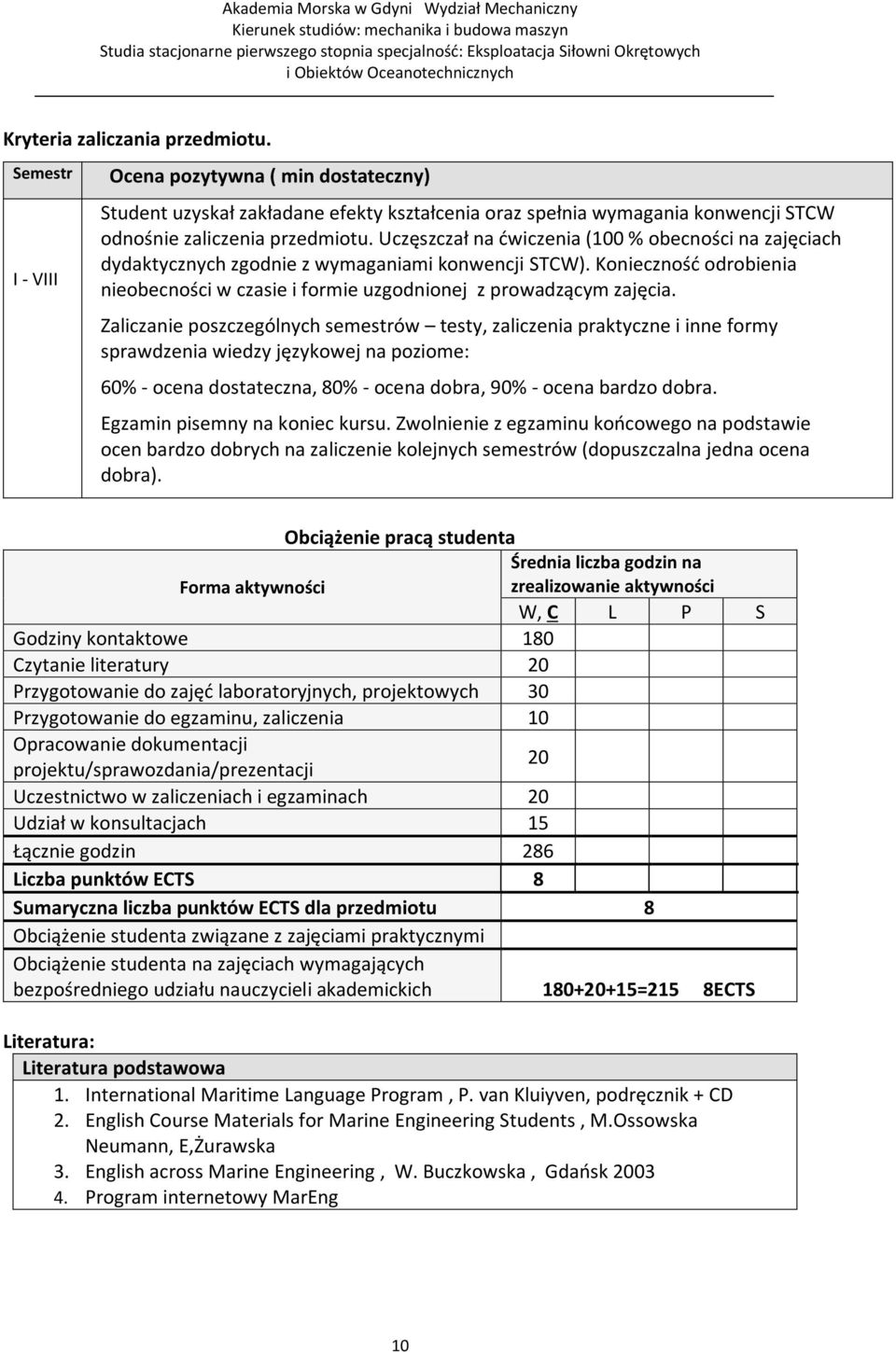 Zaliczanie poszczególnych semestrów testy, zaliczenia praktyczne i inne formy sprawdzenia wiedzy językowej na poziome: 60% - ocena dostateczna, 80% - ocena dobra, 90% - ocena bardzo dobra.