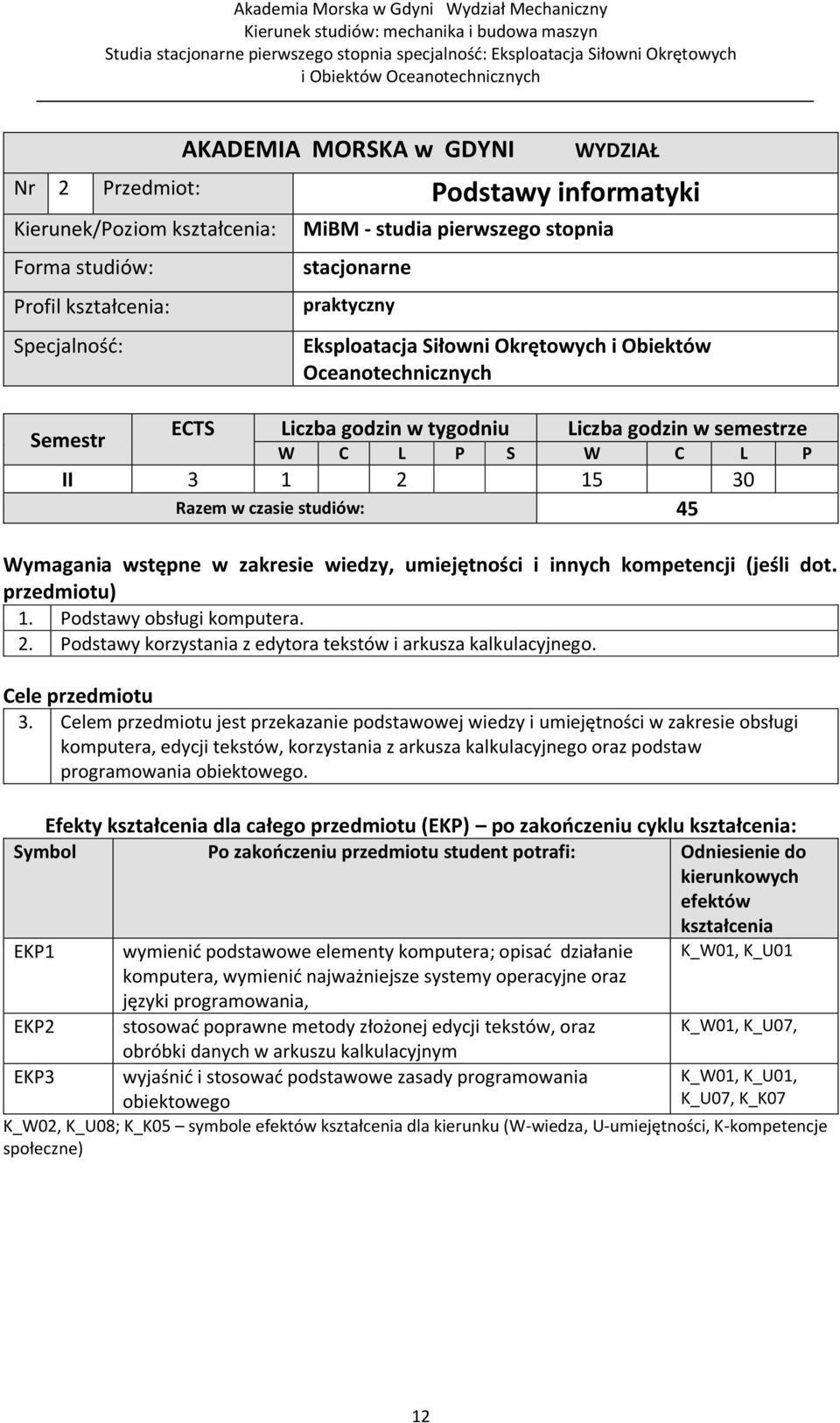 Wymagania wstępne w zakresie wiedzy, umiejętności i innych kompetencji (jeśli dot. przedmiotu) 1. Podstawy obsługi komputera. 2. Podstawy korzystania z edytora tekstów i arkusza kalkulacyjnego.