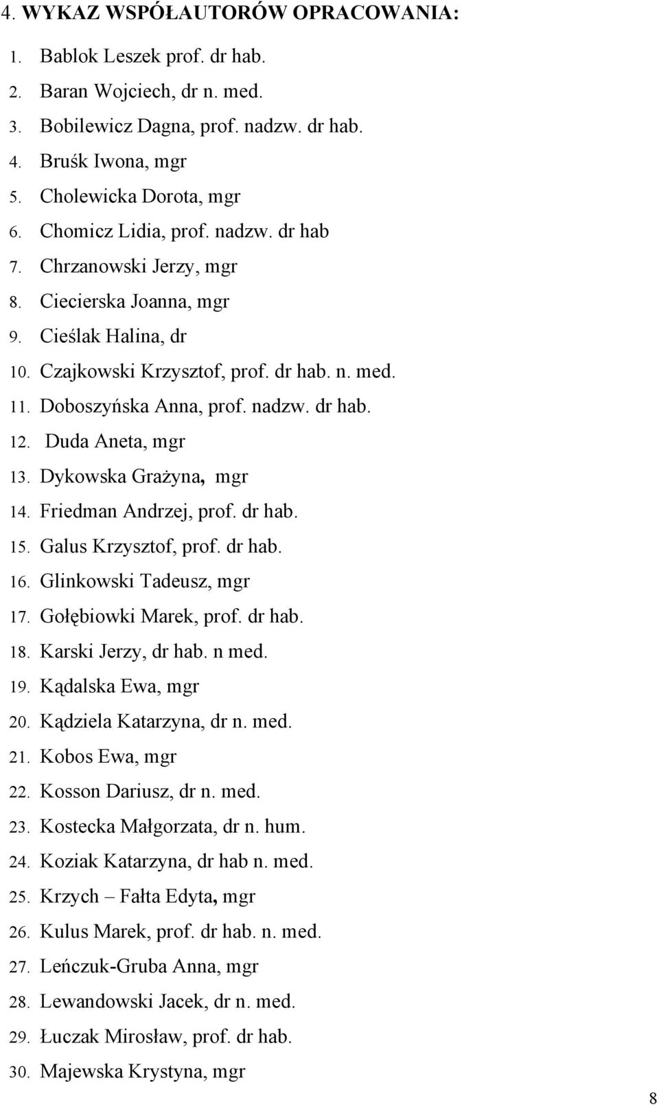 Duda Aneta, mgr 13. Dykowska Grażyna, mgr 14. Friedman Andrzej, prof. dr hab. 15. Galus Krzysztof, prof. dr hab. 16. Glinkowski Tadeusz, mgr 17. Gołębiowki Marek, prof. dr hab. 18.
