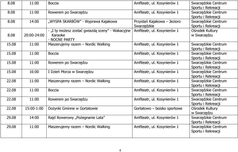 08 11:00 Rowerem po Swarzędzu 15.08 16:00 I Dzień Morza 22.08 11:00 Maszerujemy razem Nordic Walking 22.08 11:00 Boccia 22.