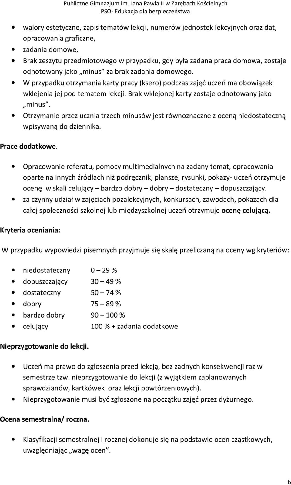 Brak wklejonej karty zostaje odnotowany jako minus. Otrzymanie przez ucznia trzech minusów jest równoznaczne z oceną niedostateczną wpisywaną do dziennika. Prace dodatkowe.