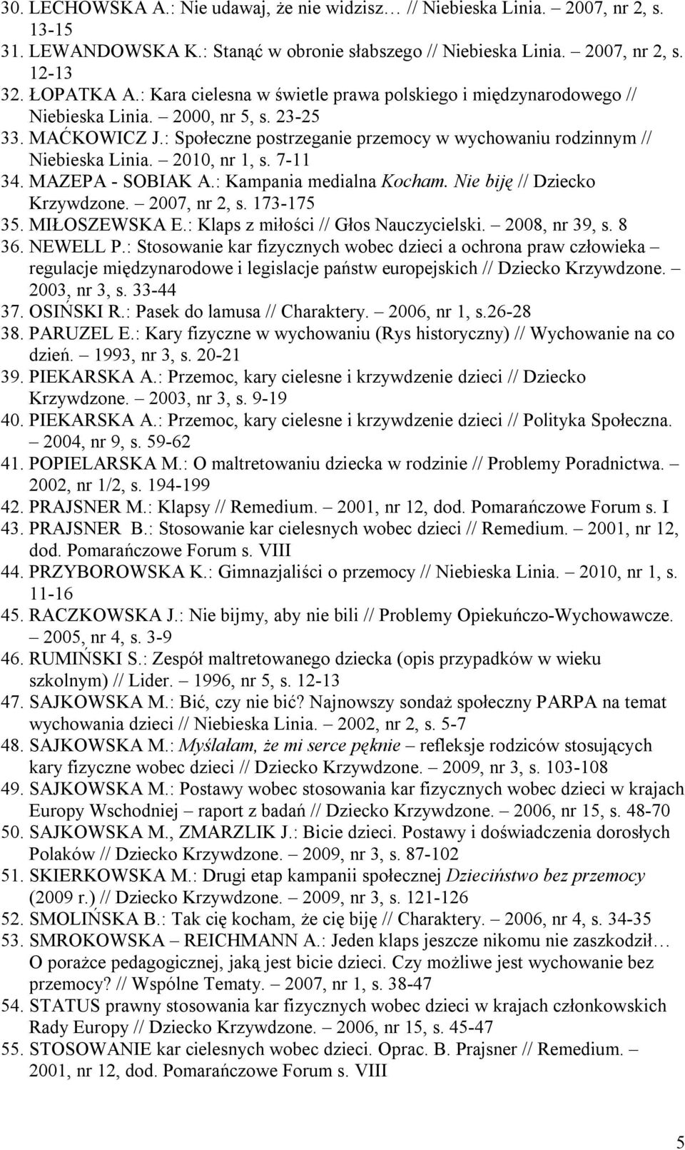 2010, nr 1, s. 7-11 34. MAZEPA - SOBIAK A.: Kampania medialna Kocham. Nie biję // Dziecko Krzywdzone. 2007, nr 2, s. 173-175 35. MIŁOSZEWSKA E.: Klaps z miłości // Głos Nauczycielski. 2008, nr 39, s.