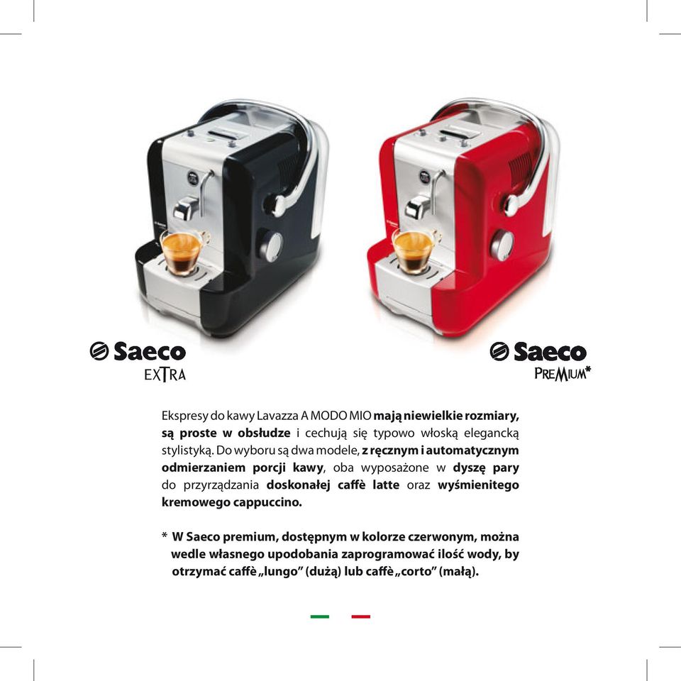 Do wyboru są dwa modele, z ręcznym i automatycznym odmierzaniem porcji kawy, oba wyposażone w dyszę pary do