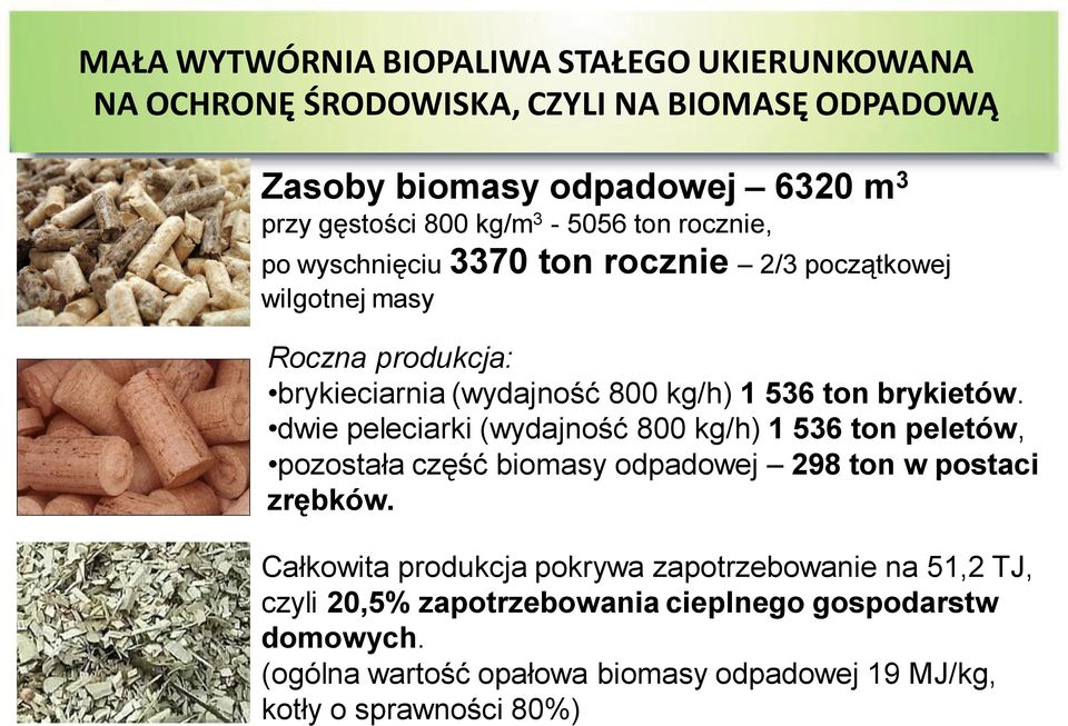 brykietów. dwie peleciarki (wydajność 800 kg/h) 1 536 ton peletów, pozostała część biomasy odpadowej 298 ton w postaci zrębków.