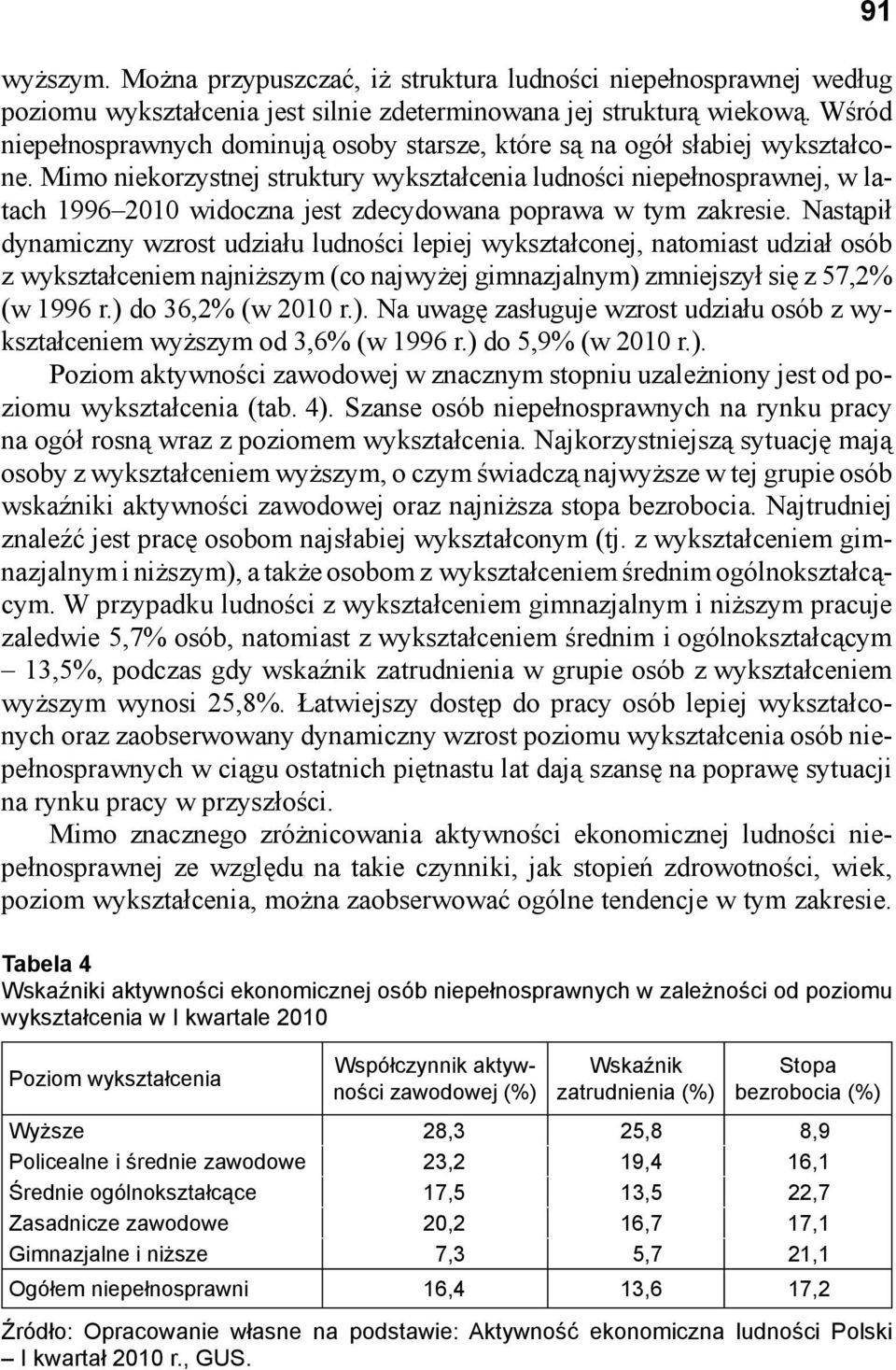 Mimo niekorzystnej struktury wykształcenia ludności niepełnosprawnej, w latach 1996 2010 widoczna jest zdecydowana poprawa w tym zakresie.