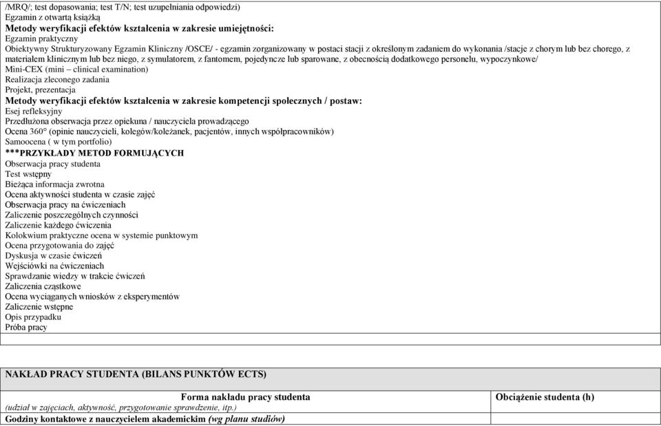 symulatorem, z fantomem, pojedyncze lub sparowane, z obecnością dodatkowego personelu, wypoczynkowe/ Mini-CEX (mini clinical examination) Realizacja zleconego zadania Projekt, prezentacja Metody