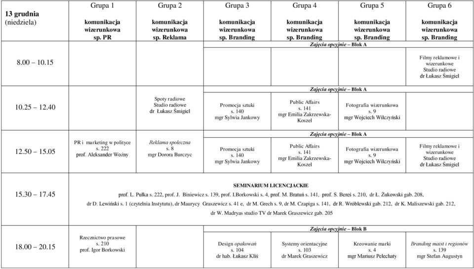 140 mgr Sylwia Jankowy Public Affairs s. 141 mgr Emilia Zakrzewska- Koszel Fotografia mgr Wojciech Wilczyński Filmy reklamowe i wizerunkowe SEMINARIUM LICENCJACKIE prof. L. Pułka, prof. J. Biniewicz s.